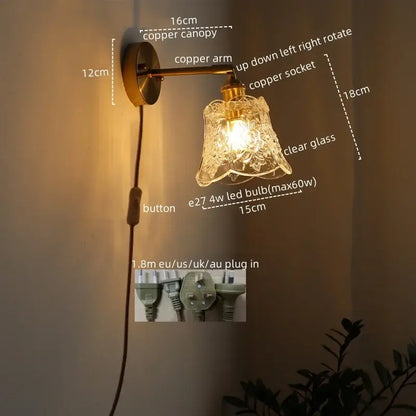 Antique brass-finished copper wall lights with etched glass shade and adjustable arm from DecorBites led glass wall collection