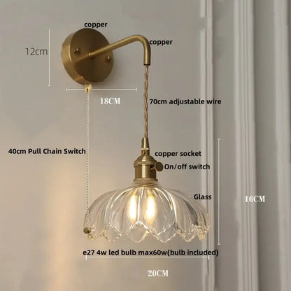 Copper-finished decorbites led glass wall light with clear petal-shaped glass shade and adjustable wire pull chain switch