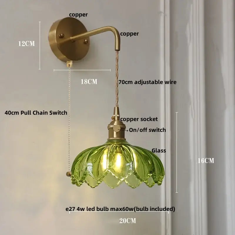 Vintage-style decorbites led glass wall light with copper sconce, green petal-shaped shade, and adjustable wire design