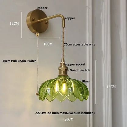 Vintage-style decorbites led glass wall light with copper sconce, green petal-shaped shade, and adjustable wire design