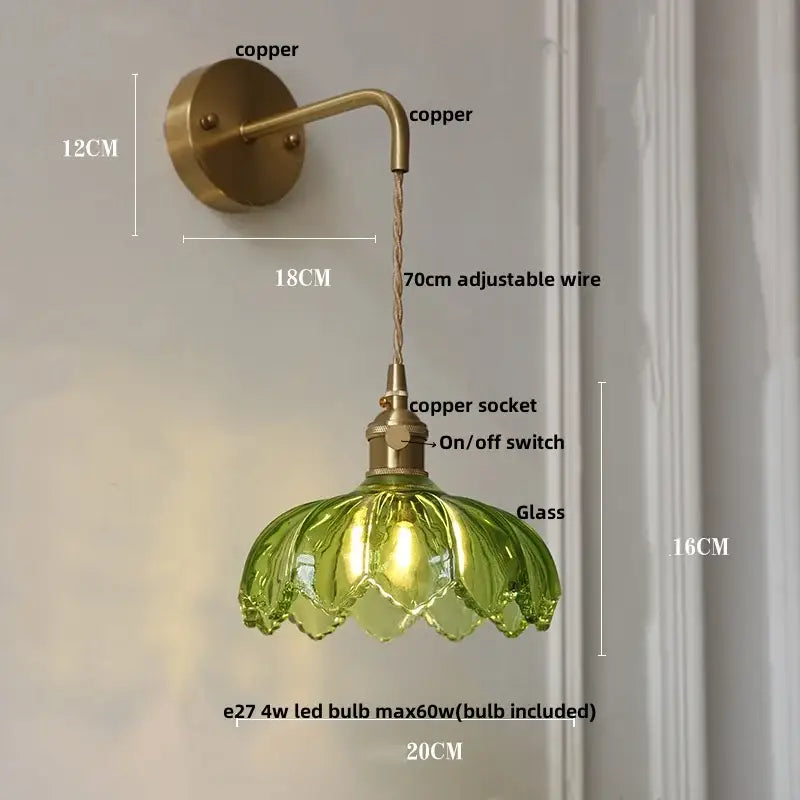 Decorbites led glass wall light with copper arm and green flower-shaped glass shade featuring adjustable wire