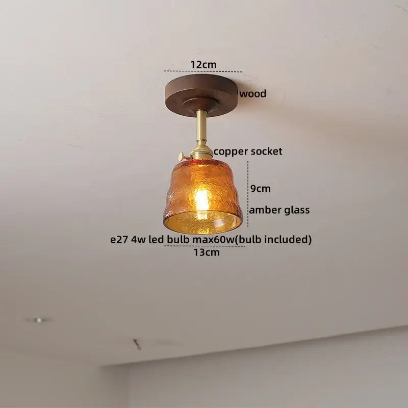 DecorBites™ LED glass wood ceiling lamp with warm amber glass pendant light and copper socket for modern indoor lighting