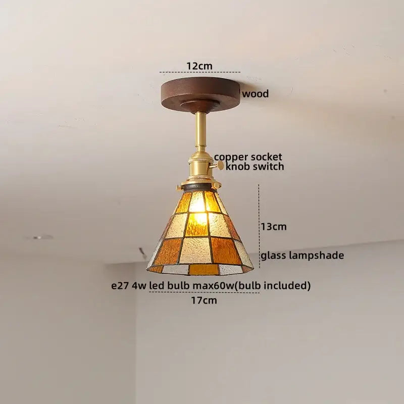 Decorbites led glass wood ceiling lamp with warm amber stained glass and brass-finished copper socket for modern indoor lighting