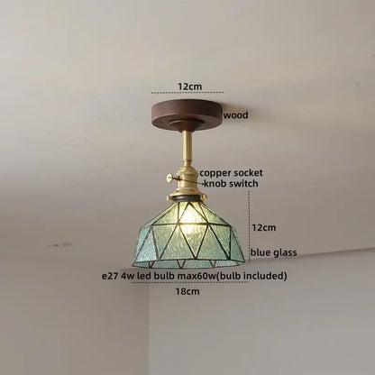 DecorBites™ LED glass wood ceiling lamp with dark wood base brass copper socket and blue geometric glass shade for indoor use