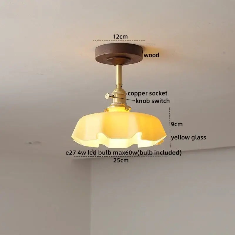 Decorbites led glass wood ceiling lamp with wooden base copper knob switch and yellow glass shade for modern indoor lighting