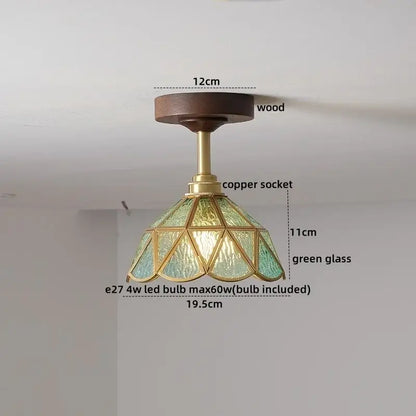 Vintage-style decorbites led glass wood ceiling lamp with dark wood mount brass accents and faceted green glass shade