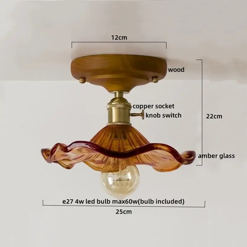 DecorBites™ LED glass wood ceiling light with warm amber glass, wooden base, and brass accents for living room