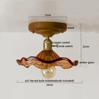 DecorBites™ LED glass wood ceiling light with warm amber glass, wooden base, and brass accents for living room