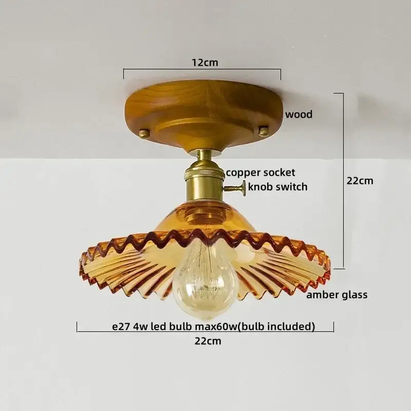 DecorBites led glass wood ceiling light with warm amber glass pendant, wooden base, and copper socket for living room