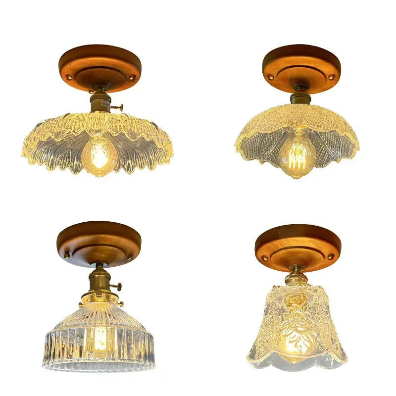 Four vintage-style decorbites led glass wood ceiling lights with brass fixtures and clear textured glass shades for living room