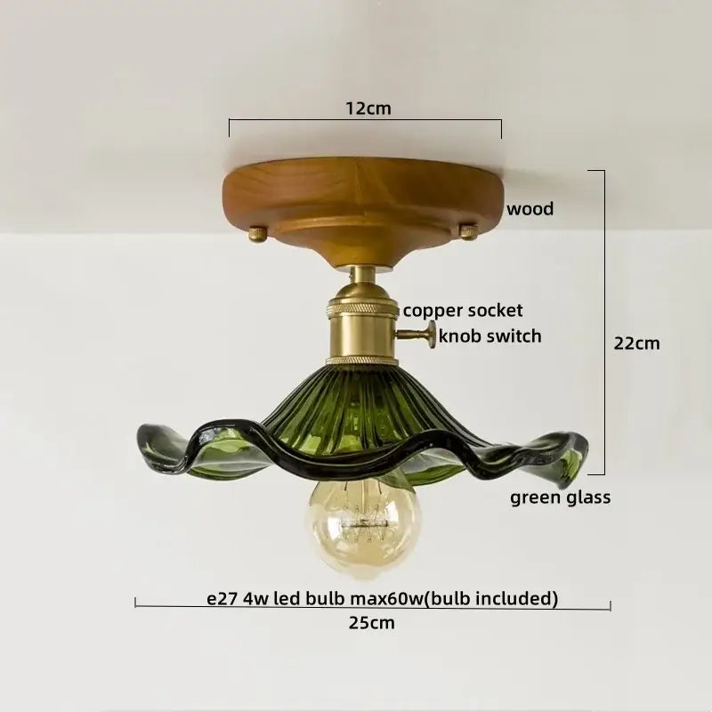 DecorBites™ LED glass wood ceiling light with green wavy glass shade, wooden base, and brass knob switch for living room