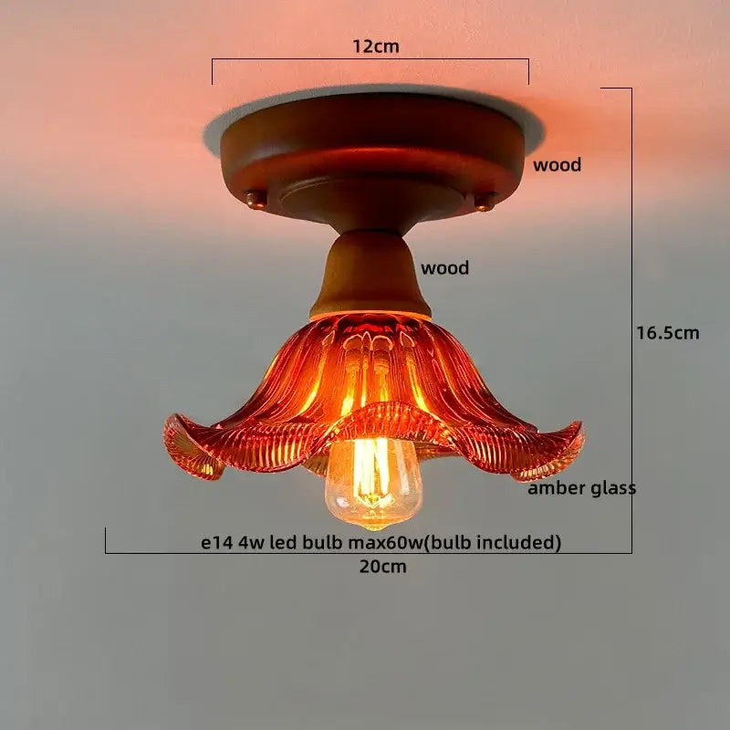 Decorbites led glass wood ceiling light warm amber flower-shaped pendant with wooden base and e14 led bulb for living room