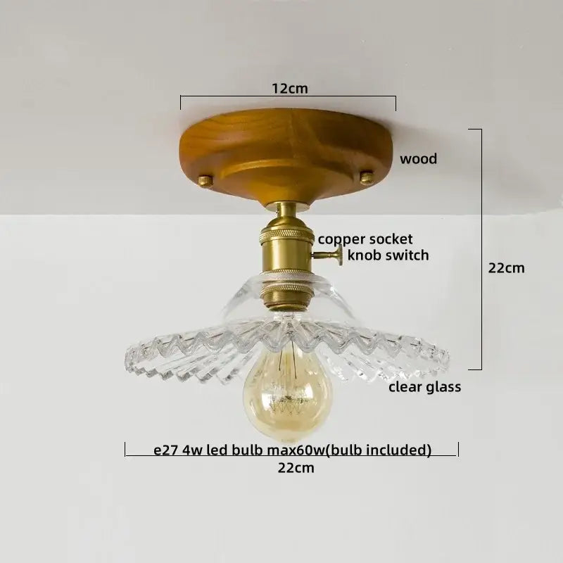 Decorbites led glass wood ceiling light with warm wood base brass socket clear scalloped glass shade and e27 led bulb
