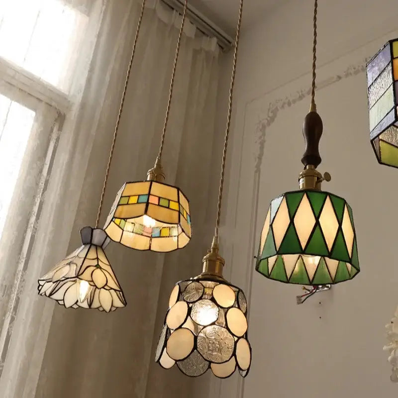 Decorbites led glass wood pendant lamp with stained glass amber and green geometric floral design in vintage copper finish