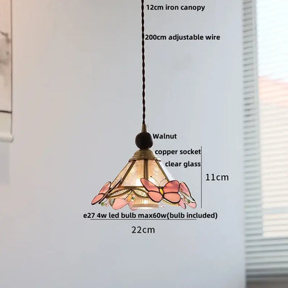 Decorbites™ led glass and wood pendant light with pink stained glass butterflies walnut canopy and copper accents