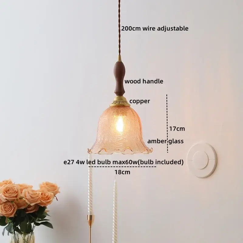 Decorbites™ led glass wood pendant light amber glass with wooden handle copper accents and adjustable 200cm wire