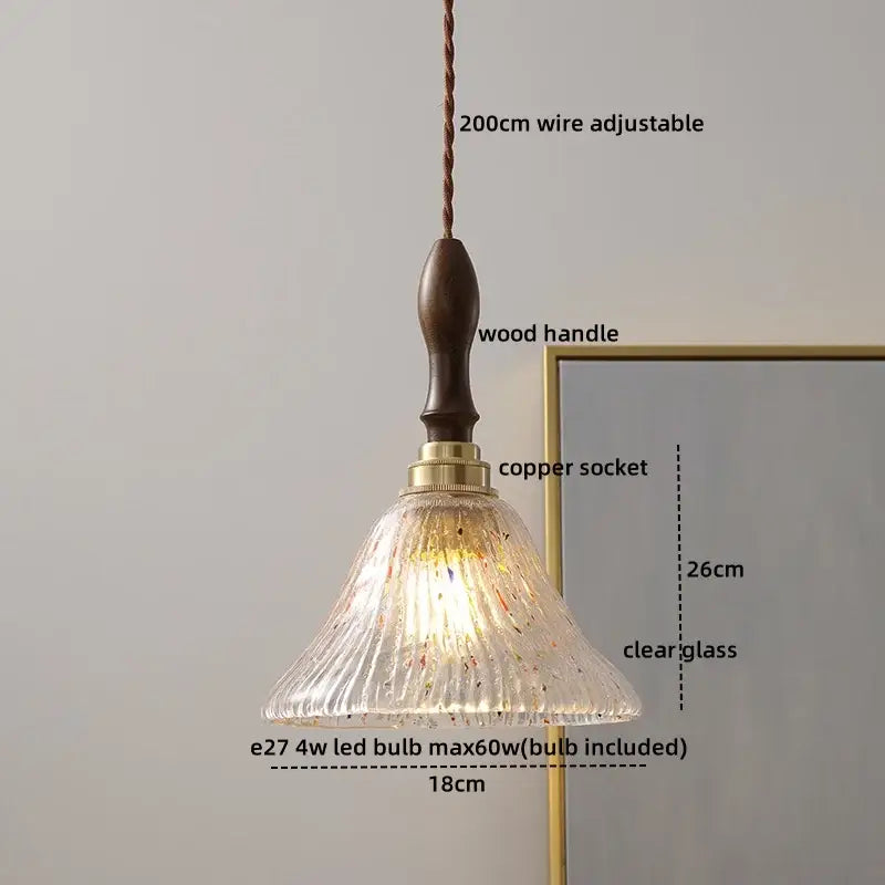 Decorbites led glass wood pendant light warm-toned clear fluted glass with speckles hanging from dark wood handle