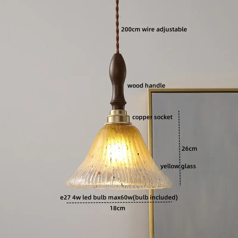 Yellow textured led glass wood pendant light with wooden handle and copper socket for modern home décor