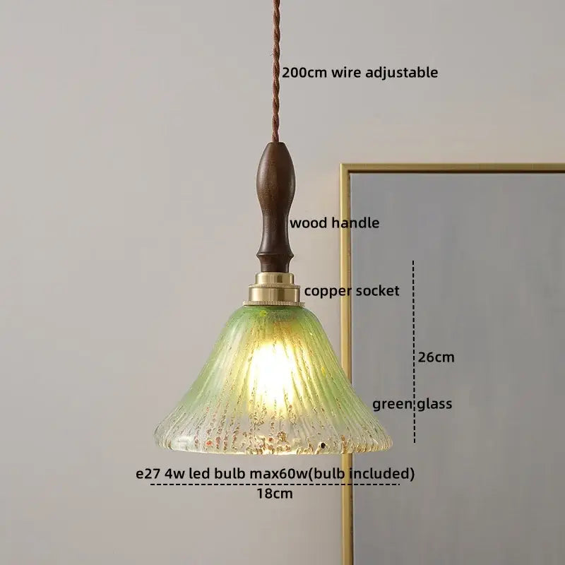 Decorbites™ led glass wood pendant light with textured green glass shade dark wood handle and brass copper socket