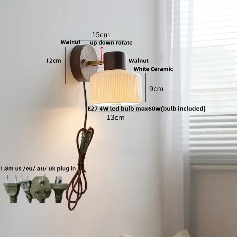 DecorBites™ led glass and wood wall lamp with walnut finish, white ceramic ribbed shade, pull chain, and adjustable bracket