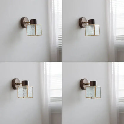 DecorBites™ LED glass and wood wall lamp with square glass lantern brass frame and dark wood mounting plate