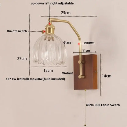 DecorBites™ LED glass and wood wall lamp with clear faceted glass shade and brass copper arm on walnut base for living room