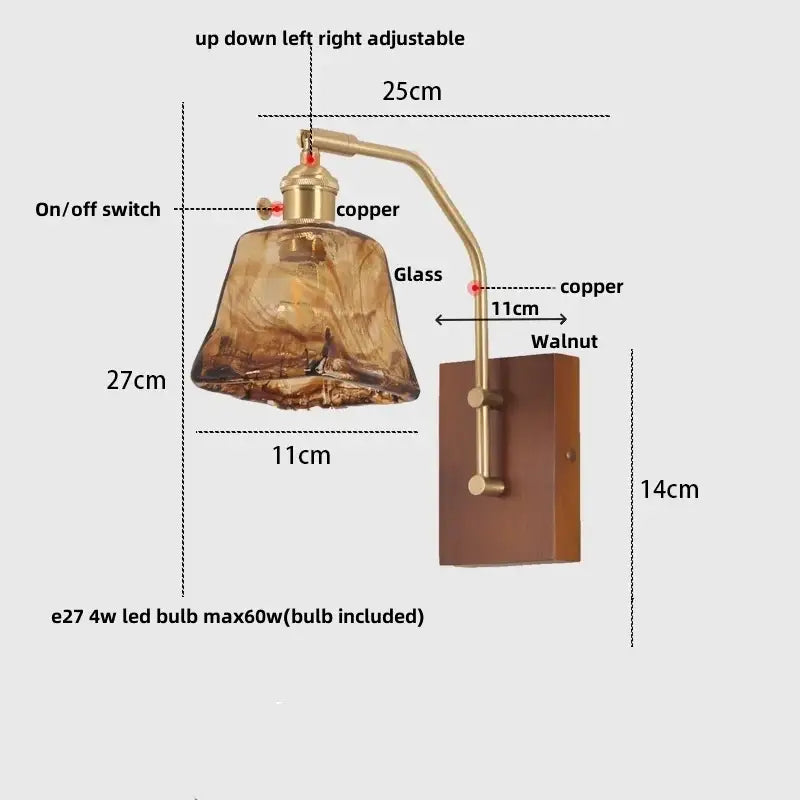 Decorbites led glass and wood wall lamp with warm amber glass, copper arm, walnut plate, and pull chain switch for living room