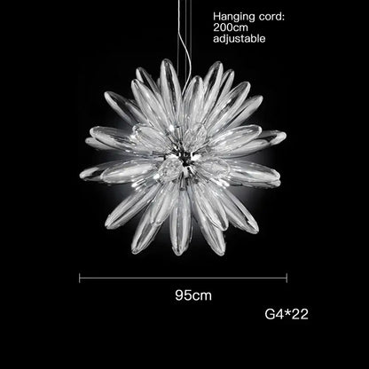 Clear glass DecorBites LED Globe 2025 chandelier in chrome gold with 22 slender petals and flower-like design