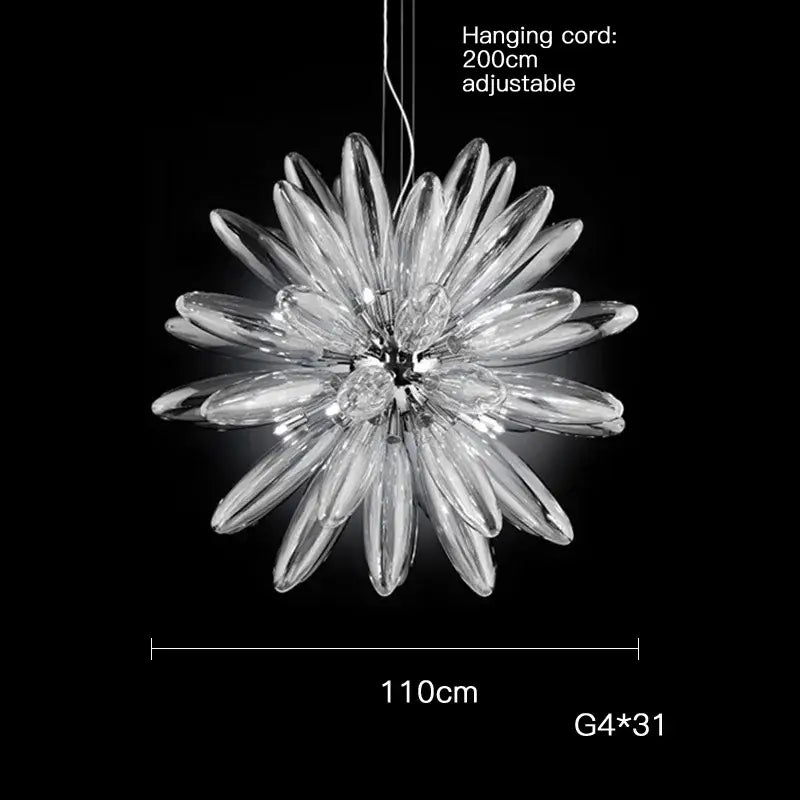 Clear glass DecorBites LED Globe 2025 chandelier in chrome gold with 31 G4 bulbs arranged like flower petals