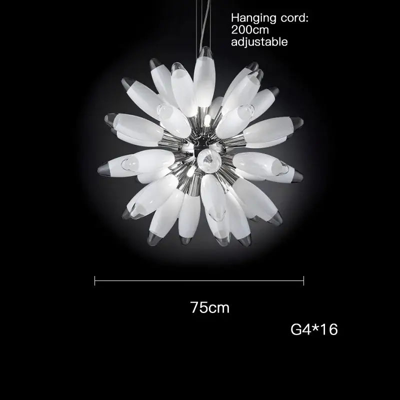 Decorbites led globe 2025 chandelier in chrome and gold with white glass and 16 g4 bulbs in radial flower pattern
