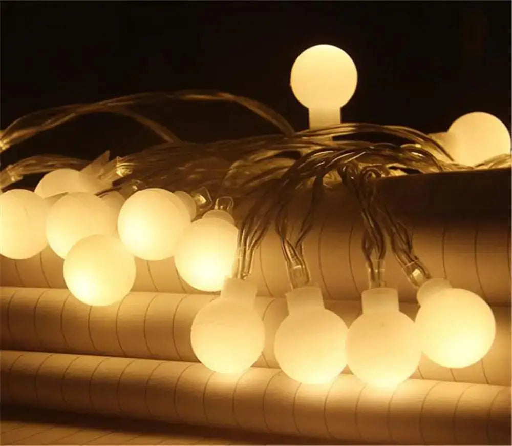 Warm frosted white globes with soft glow led globe ball string lights by decorbites for indoor outdoor decor