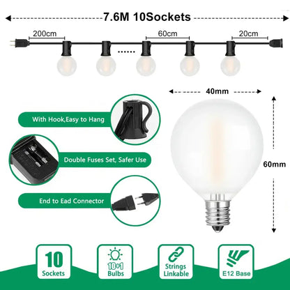 Decorbites led globe string lights 7.6 meter frosted glass bulbs with e12 base for outdoor patio garland use