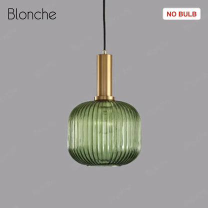 Green ribbed glass pendant lamp with brass metal stem in decorbites led gold chandelier for home decoration