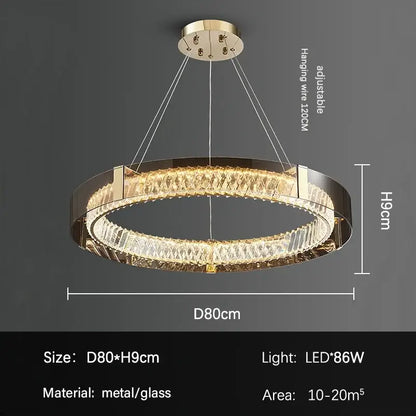 DecorBites LED gold crystal glass ceiling chandelier with gold-toned double-ring design and faceted crystals for living room