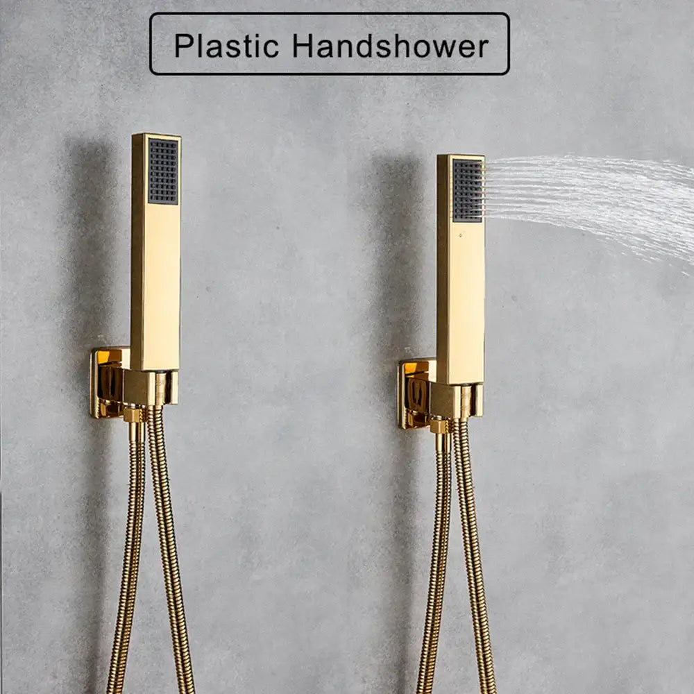 Decorbites™ led golden shower faucet set with gold-finished rectangular handshower heads and flexible braided hoses