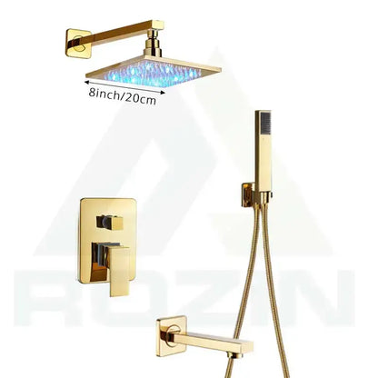 Decorbites™ led golden shower faucet set with an 8-inch gold square shower faucet and blue led lighting for rainfall bath