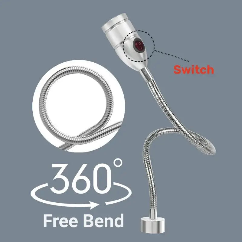 Silver decorbites led gooseneck work light with red switch and flexible coiled metal hose for industrial use