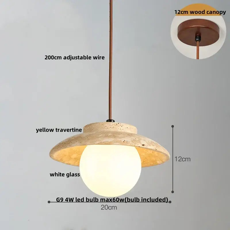 DecorBites led gourd pendant light with a yellow travertine shade and white glass globe for hotel or living room use