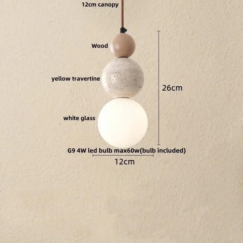 Modern decorbites led gourd pendant light with wooden canopy, yellow travertine sphere, and white glass globe for living room