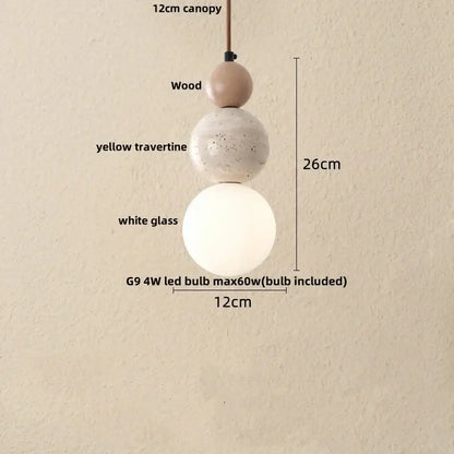 Modern decorbites led gourd pendant light with wooden canopy, yellow travertine sphere, and white glass globe for living room