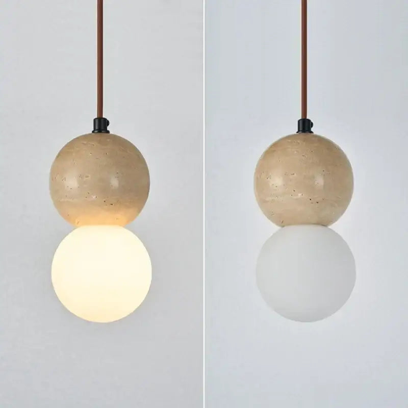 Minimalist decorbites led gourd pendant light with beige stone and white glass globes suspended by copper cord
