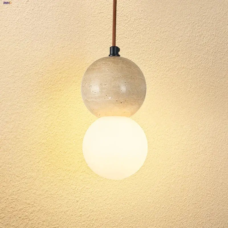 Decorbites led gourd pendant light with two stacked spheres in textured concrete and frosted glass hanging from brown cord