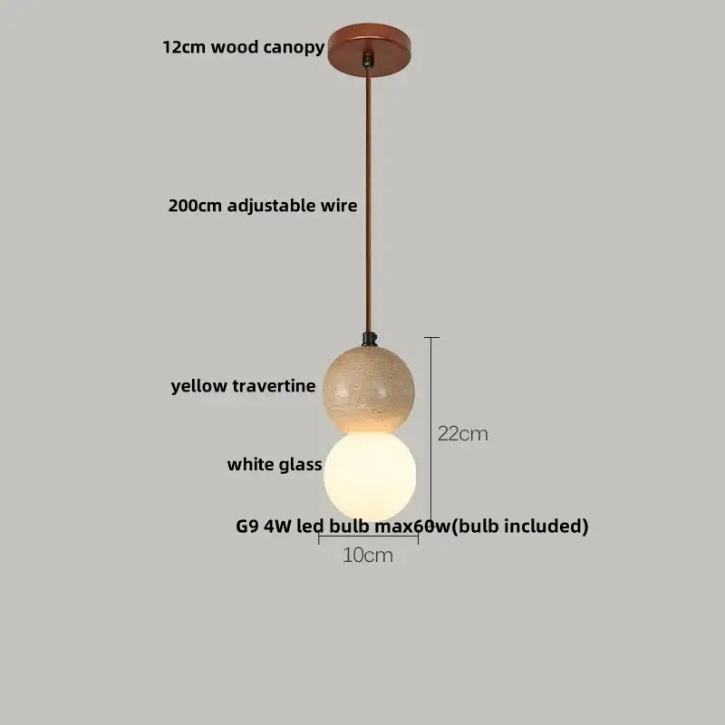 A modern DecorBites led gourd pendant light with 12cm wood canopy, adjustable wire, yellow travertine and white glass spheres
