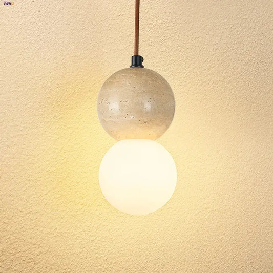 Modern pendant light with two stacked shades in yellow travertine concrete and white glass decorbites led gourd pendant