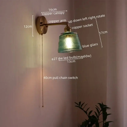 Copper wall sconce with textured blue glass shade and adjustable pull chain switch for decorbites led green wall light