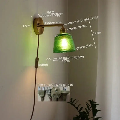 Copper wall light decorbites led green with green glass shade for home decor bedroom and living room lighting