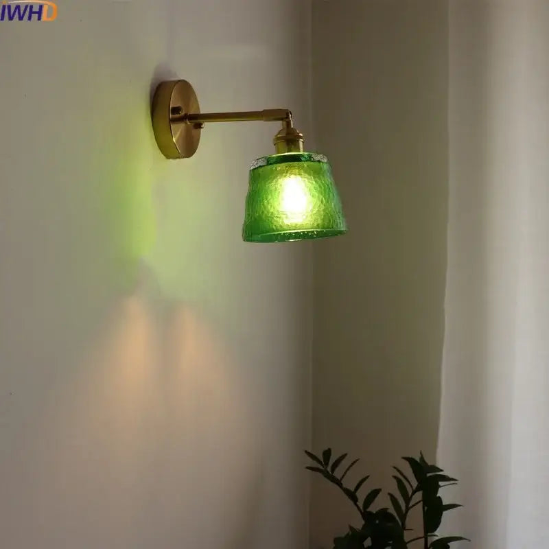 Decorbites led green wall light with textured green glass lampshade mounted on brass sconce for home decor