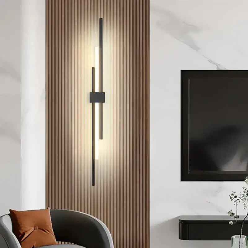 Modern black minimalist wall lamp decorbites led grille with vertical led bars and sleek rectangular mounting plate for living room