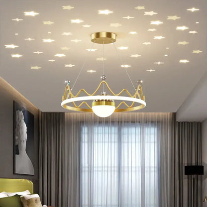Gold crown-shaped led gypsophila chandelier pendant light with white circular ring and central bulb for modern decor