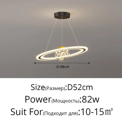 Modern black led gypsophila chandelier with two concentric glowing rings and central crystal sphere for rooms up to 15m²